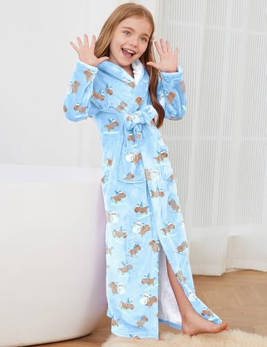 Image of Jxstar Girls Bathrobes Kids Long Hooded Robes Plush Full Length Coral Fleece Pajamas Sleepwear