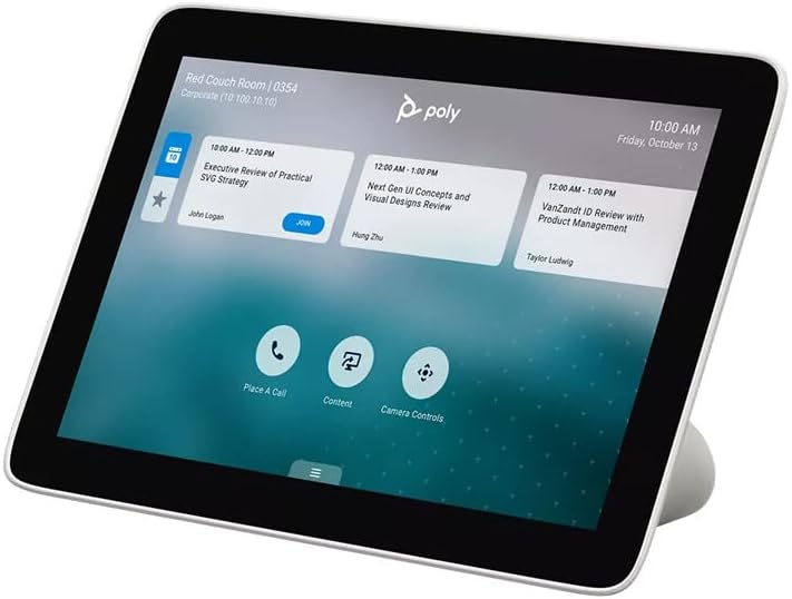 წინა view of the Poly TC8 Touch Controller displaying a meeting schedule and options for 'Place A Call', 'Content', and 'Camera Controls'.