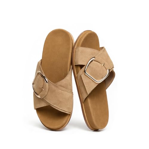 Image of Flat Sandals for Women Cross Buckle Straps Slides Slip-On Comfortable Summer Vacation Beach Sandals