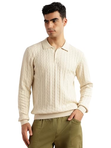 Image of Thomas Scott Men's | Regular Fit | Long Sleeves | Self Design | 100% Cotton | Button Closure | Dry Clean | Polo Collar | Knitted | T-Shirt