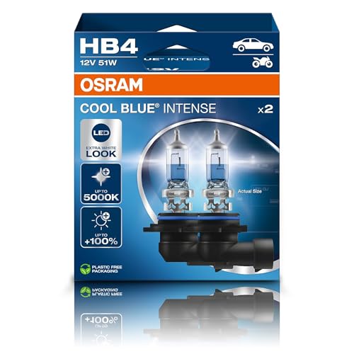 Osram COOL BLUE® INTENSE HB4, +100% more brightness, up to 5,000K, halogen headlight lamp, LED look, Hanging folding box (2 lamps)