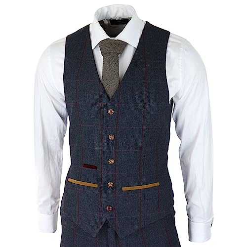 Mens Herringbone Tweed 3 Piece Navy Red Check Suit Vintage 1920s Tailored Fit3