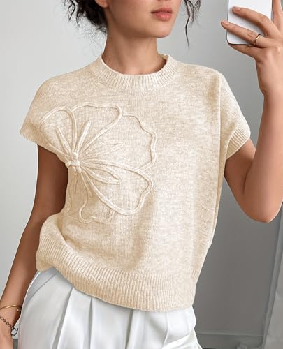 Women Casual Sweater Vest Summer Cap Sleeve Ribbed Pullover Tank Tops Trendy Floral Knitwear Cute Outfits3