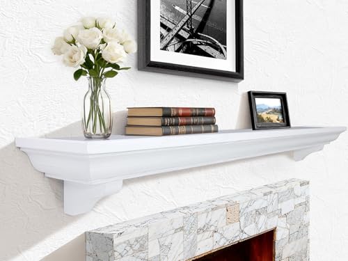 LXWZHK 60 Inch Fireplace Mantel Shelf with Corbels, Rustic Floating Shelf for Wall, Wooden Fireplace Mantle for TV Mounting & Living Room, White