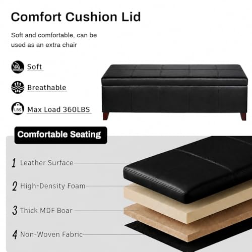 Image of 51 inch Black Faux Leather Storage Ottoman Bench