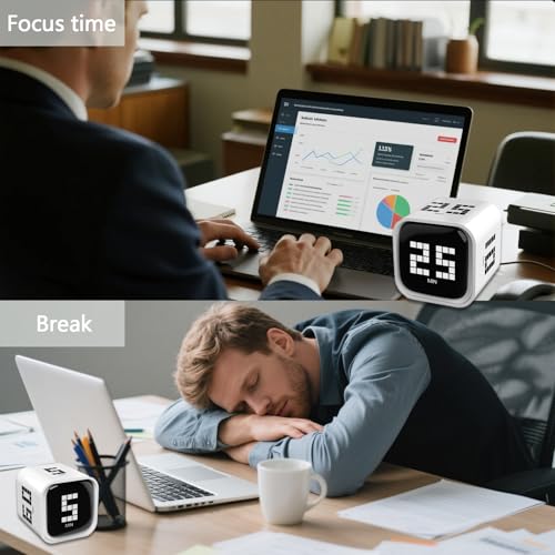 Image of Rotating Focus Timer, 5 /25 /10 /60-Minute Pomodoro Timer, Desk Flip Countdown with Vibration & Volume Control, ADHD-Friendly Tool for Office, Study, and Kitchen (White)
