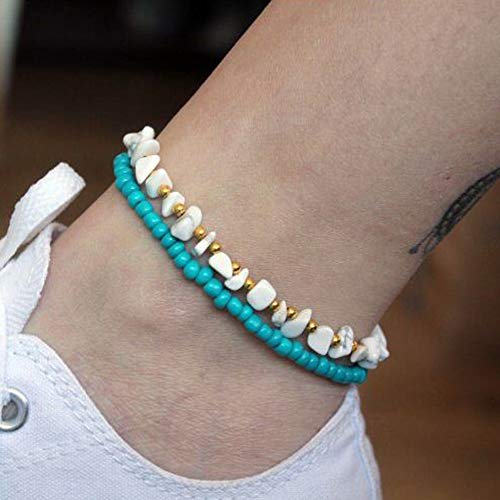 Preisvergleich Produktbild Homeofying 2 Stücke Einfache Unregelmäßige Steine Perlen Fußkettchen Armbänder Barfuß Sandale Schmuck Boho Strand Berufung Urlaub Fußkettchen für Frauen Blau + Weiß
