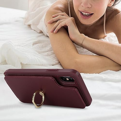 Image of for iPhone X /XS Case with Card Holder and Strap for Women,Crossbody Lanyard,Kickstand Ring Stand,Snap Clasp,Phone Wallet Cases 5.8 inch(Wine Red)