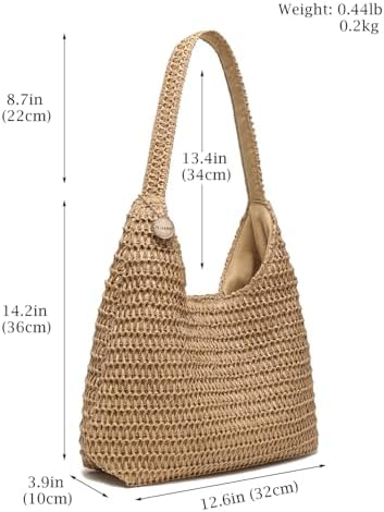 SUANNI khaki Straw Beach Bag for women, Woven Tote Hobo Bags, Lightweight Casual Boho Summer Tan Shoulder Handbag, Packable Mesh Everyday Purse for Holiday Shopping Travel - 4