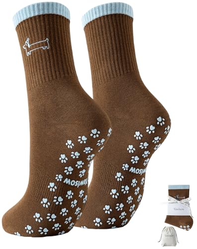 Yawlsow Cute Pilates Socks with Grips Yoga Grippy Socks Non-Slip Crew Embroidery Ruffle socks Barre Fitness Workout (US Alpha One Size Regular Regular 1 Pack-Brown-Dachshund)
