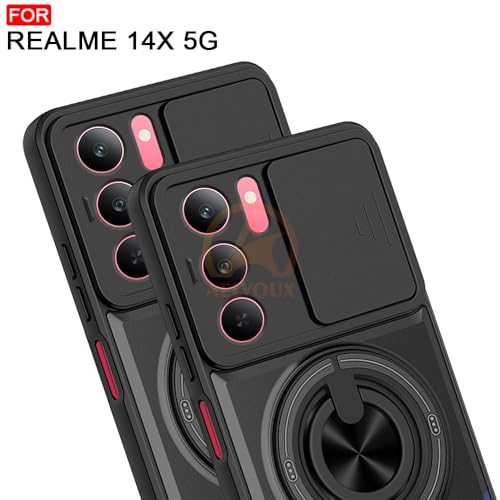Image of 14X / P3X / C75 / Narzo 80X 5G Back Cover | Armor Camera Slider 360 Degree Rotating Finger Ring Holder Case with Bracket Stand Back Case Cover (Compatible with MagSafe Accessories) (Black)