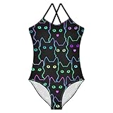 CaTaKu Girls' One Piece Swimwear Black Cats Colorful Kids Swimsuits for Girls Bathing Suits Size 7-8
