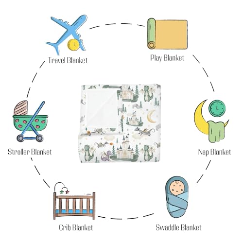 Image of Baby Boy Girl Blankets Dragon Tale Castle, Watercolor Green Moon Clouds Stars Tree Soft Lightweight Nursery Receiving Swaddle, Flannel Newborn Infant Toddler Crib Bedding Kids Gift 30 x 40
