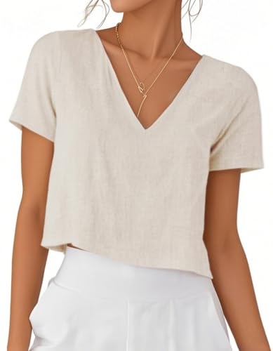 IDEALSANXUN Womens Short Sleeve Linen Shirts Casual Spring Summer V Neck Cute Crop Beach Blouse Tops