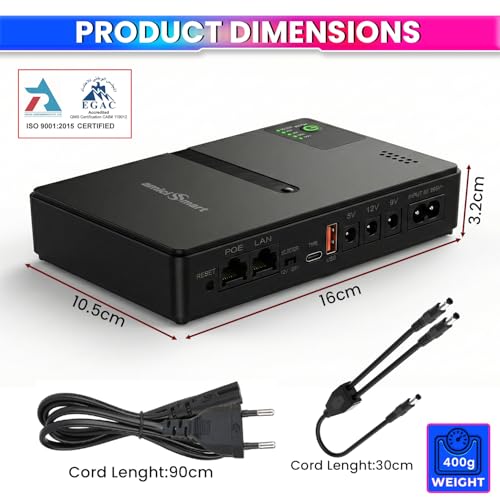 Image of amiciSmart 10400mAh UPS for WIFI Routers, Camera USB & POE devices - Intelligent Power Supply with Advanced Protection, Essential for Continuous Security and Device Operation (Max. Output Current 2A)