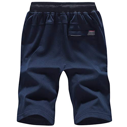 FoxQ Short masculino com bolsos com zíper, solto, casual, esportivo, cintura elástica, cordão, Azul