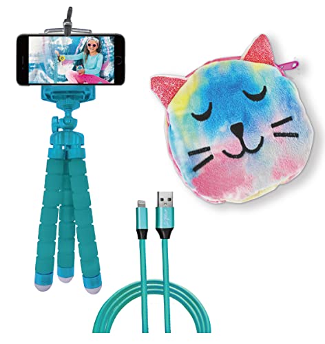 Skylar 3-Piece Smartphone Accessory Kit for Kids – Flexible Tripod, 6ft. Charging Cable, Plush Cat Carrying Case (Lucky Kitty) – Vlogging, Influencer Kit for Kids