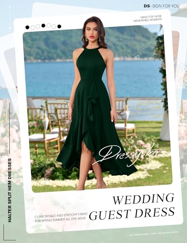 Image of Dressystar Womens 2026 Halter Slit Ruffle Wedding Guest Party Dress Elegant Maxi Long Sleeveless Formal Prom Cocktail Dresses
