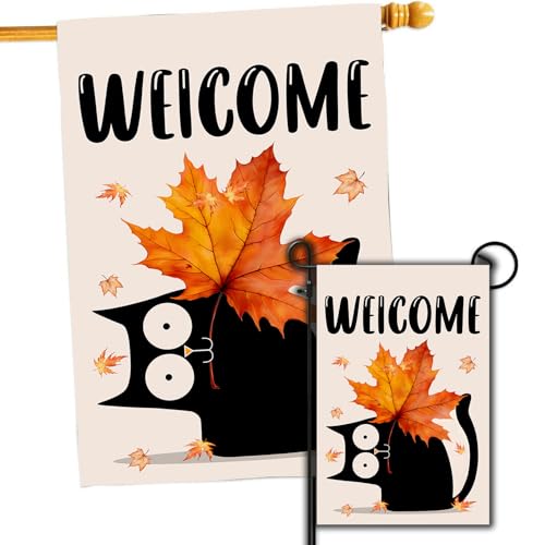 Bandera de jardín de gato de otoño de doble cara vertical con hojas de arce para decoración exterior
