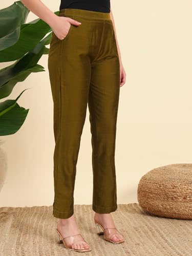 Image of Vogaan Women's Cotton Silk Pant | Half-Elasticated Waist Slim Fit Trouser for Women | Casual Pocket Pants for Office Formal Daily Use