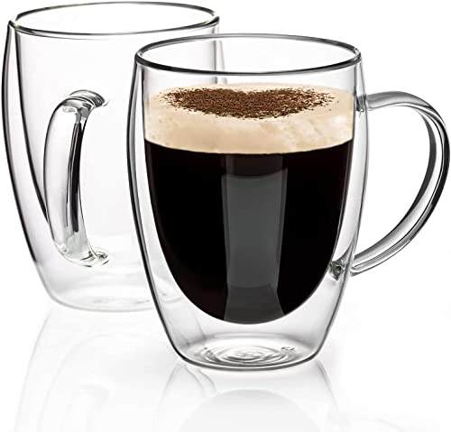 Image of KELVEE Double Walled Insulated Glass Coffee Mugs Set of 2, Double Layer Tea Cups with Handle for Latte, Cappuccino, Espresso, Iced Tea Dishwasher & Microwave Safe (350ml) (2)