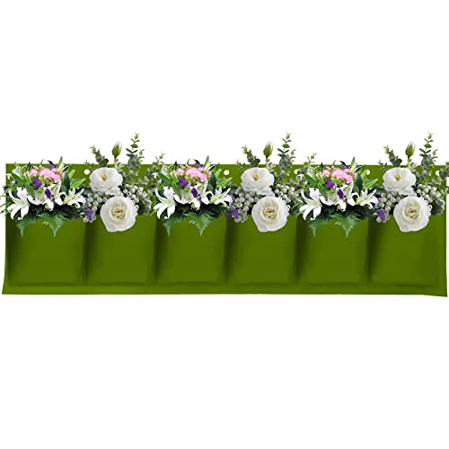 MISNODE Grüne Pflanztaschen zum Aufhängen für den Garten mit 6 horizontalen Taschen, Pflanzenhalter, Tasche, Korb, Tasche, vertikal, Wandmontage, Pflanzbeutel mit 7 Haken Cover