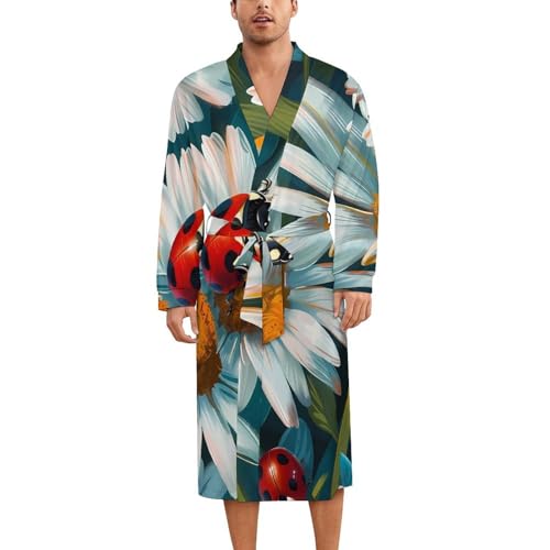 Ladybugs Daisy Flowers Soft Robe Long Sleeve Bathrobes V Neck Sleepwear Spa Robes with Belt Men Woman