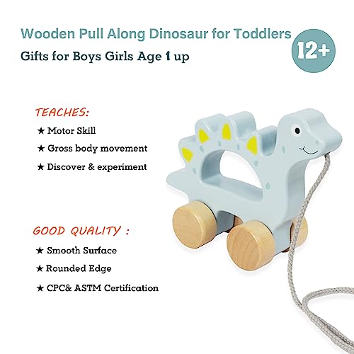 Image of Baby Toys Car,Wooden Pull Along Toddler Toy, Developmental Toy for 1 Year Old Girl Boy Birthday Gift (Dinosaur)