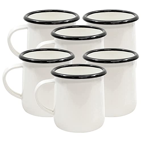 Tablecraft Enamelware Collection Black Rim Solid White Enamel Coffee Cup Mugs, Camping, Rv, Farmhouse, Home & Restaurant Use Porcelain Over Steel, Classic, Vintage, Boho, Retro Style, 6 Oz, Set Of 6 #TOP15