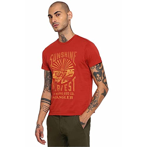 Image of Wrangler Men Brick Red Graphic Regular Fit T-Shirt
