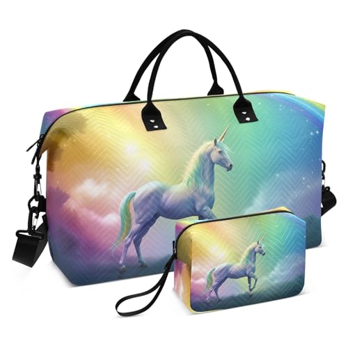 Large Travel Duffel Bag, Horse and Rainbow Sports Tote Gym Bag, Shoulder Weekender Overnight Bag for Women Men, Carry On Luggage with Toiletry Bags