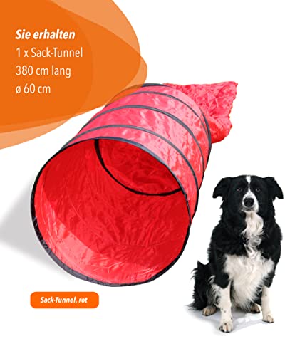 SPORTIKEL24 Agility Sacktunnel Rot – 3,80 m Länge, Ø 60 cm – Für Welpen & Anfängerhunde – mit Ösen, Heringen & Tragetasche – von Superhund