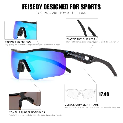 Image of FEISEDY Kids Polarized Sports Sunglasses, TR90 UV400 Baseball Cycling | LightWeight Wrap-Around for Boys Girls, TAC Polarized Lens blocks 100% UVA /UVB, Baseball /Softball /Cycling /Running B2454