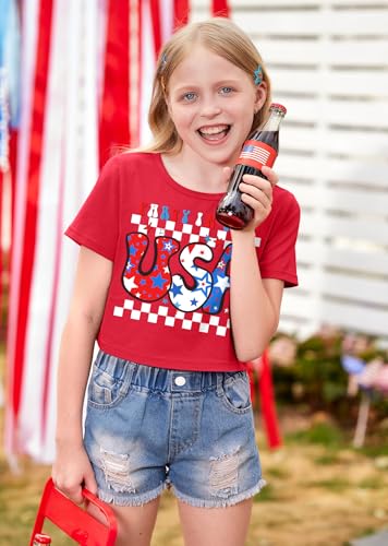 Image of BesserBay Kids Girls 4th of July Crop Tops American Flag Red White Blue Patriotic Bows USA Flag T-Shirts 6-14 Years