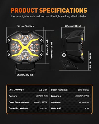 Image of NOVSIGHT X Series 4 Inch LED Offroad Driving Light with Yellow DRL, Super Bright LED Pod Lights with Amber Pod Light Cover, LED Cube Lights for Trucks Jeep Ford UTV ATV, 2 Years Warranty, Pack of 2