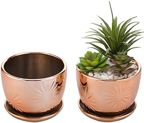 MyGift Rose Gold Ceramic Indoor Plant Pot with Drainage Hole and Decorative Sunburst Design, 5 Inch Round Succulent Planters with Attached Saucers, Set of 2