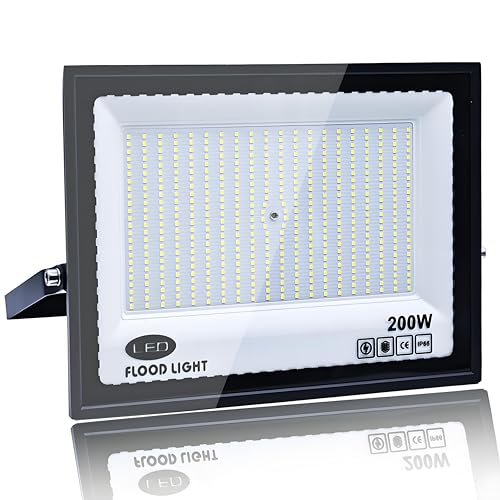 Tkdaksy Focos LED Exterior 200W, 2M Cable Blanco Frío 6500K Proyector LED Exterior, Resistente al Agua IP66 Foco Proyector LED, 20000LM para Terrazas, Patios, Balcones, Parques, Garajes, Fábricas