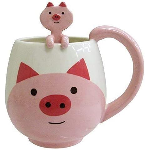 AdWon Kaffee Tasse Lustige Rosa Schwein Keramik Tasse 400ML Neuheit Kaffeetasse mit Löffel Weihnachten Becher Geburtstag Geschenke Cover