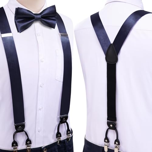Image of Hi-Tie Men Suspender Bowtie Set Suspenders Pre-tied Bow Tie Pocket Square Cufflinks Adjustable Y Shape 6 Clips Braces Tuxedo