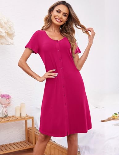 Image of Ekouaer Women's Nightshirt Short Sleeve Button Down Nightgown V-Neck Sleepwear Pajama Dress