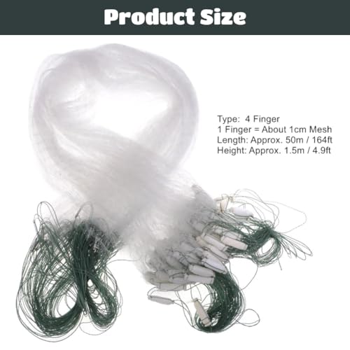 Handwurf Fishnets, 50m Länge 1,5m Höhe Nylon Mesh DREI Schichten Schweres Wurfnetz zum Fischen mit Float und Lotbolzen, Fischernetz für Flache Seen und Teiche (4 Finger)