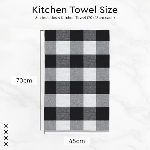 Image of Encasa XO Kitchen Towels Cotton Pack of 4 | 70x45 cm, Buffalo Black Checks - Dish Cloths | Highly Absorbent Cleaning & Wiping Cloths for Kitchen | Reusable Tea Towels