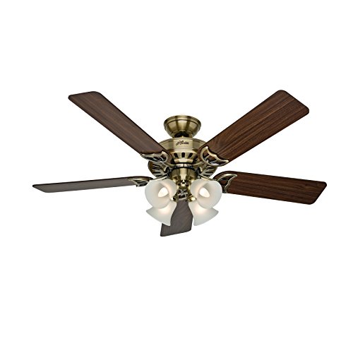 Hunter Fan 52 inch White Ceiling Fan with a Frosted Glass Light Kit, 5 Blade (Renewed) (Antique Brass)
