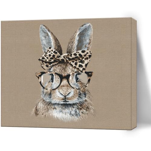 Vintage Bunny Wall Art with Leopard Bow, Rabbit Wall Decor