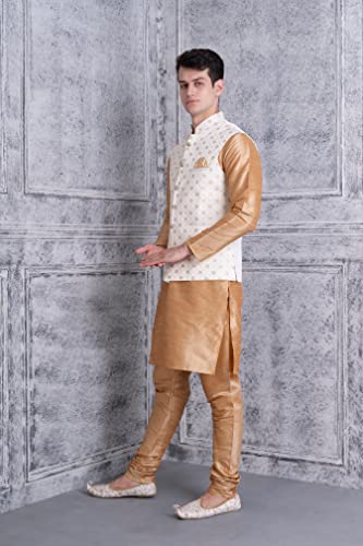Image of Uri and MacKenzie Men's Silk Blend Regular Kurta Churidar Pyjama with Bundi Nehru Jacket /Waistcoat