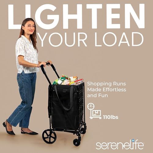 Image of SereneLife Folding Shopping Cart, Heavy Duty, Portable Grocery Trolley