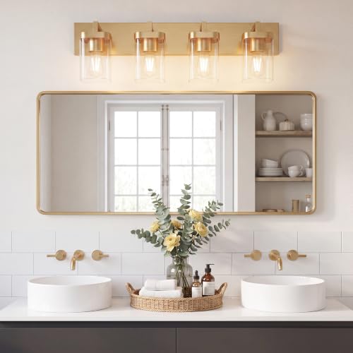 Image of Bathroom Lighting Fixtures Over Mirror, Square Design & Rectangle Large Backplate, 4 Lights Modern Vanity Lighting Fixtures, Bathroom Light Fixtures for Bathroom /Living Room /Bedroom, Gold