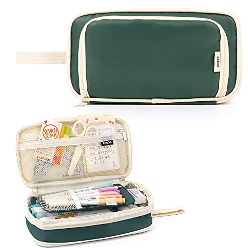 Large Capacity Pencil Case 4 Compartment Bag Organizer, Expandable Pen Bag, Portable Stationery Bag with Handle for Office Middle High College School (Green)