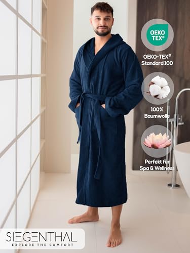 SIEGENTHAL® Herren Bademantel Frottee Velours 100% Baumwolle - Kapuzenbademantel, weich, saugfähig, warm, lang, Luxus, Premium, Wellness, Spa, hochwertige Verarbeitung, Dunkelblau M L