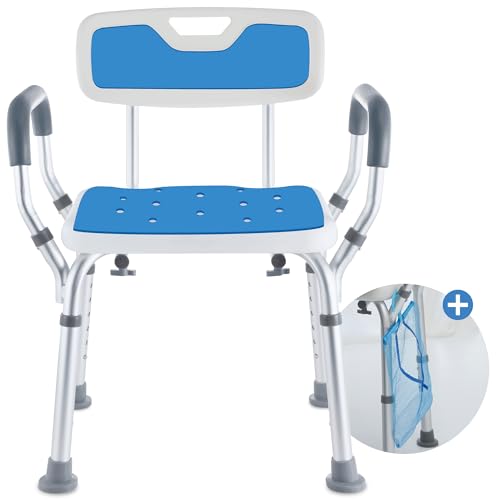 Safe Age Chaise de Douche - Tabouret de Douche avec Dossier et Accoudoirs Amovibles - Antidérapant - Réglable en Hauteur - Siège Douche Personne Âgée